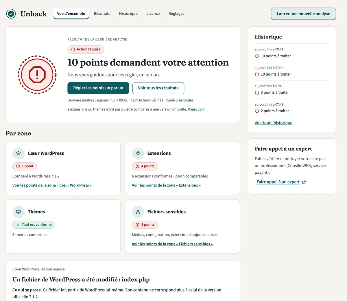 Tableau de bord d’Unhack : 10 points demandent votre attention, avec les zones Cœur, Extensions, Thèmes et Fichiers sensibles